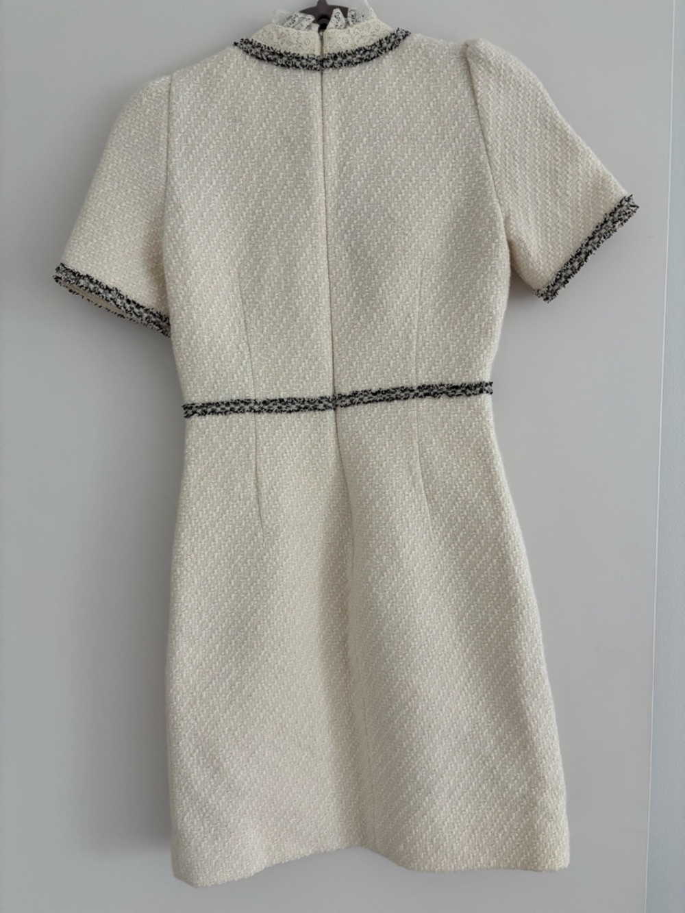 Sandro Cream Tweed Short-Sleeve Mini Dress with Black Trim - Picture 2 of 6